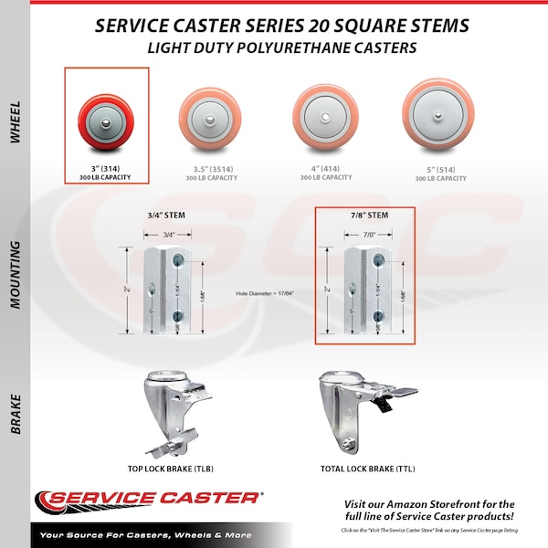 Service Caster 3 Inch Red Poly Swivel 7/8 Inch Square Stem Caster Total Lock Brakes SCC, 2PK SCC-SQTTL20S314-PPUB-RED-78-2-S-2 - main